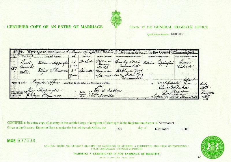 Rippington (William Christopher) & Plummer (Eliza) 1884 Marriage Certificate